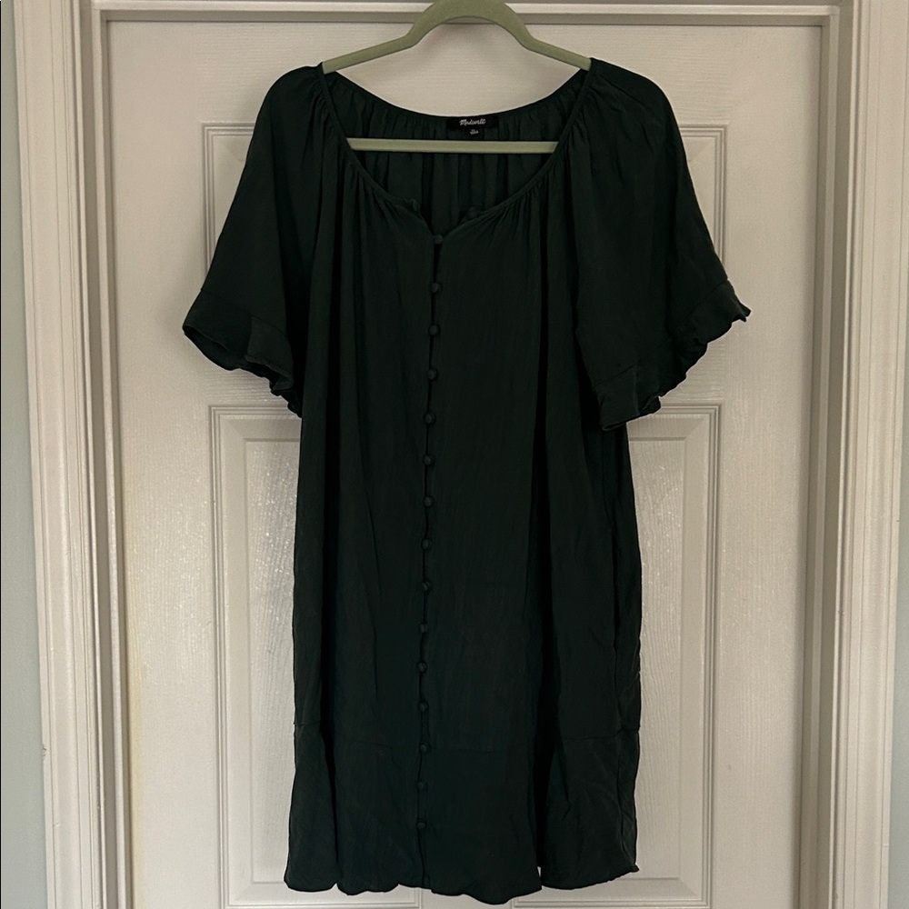 Madewell Dark Green Button-Front Flutter Sleeved Dress